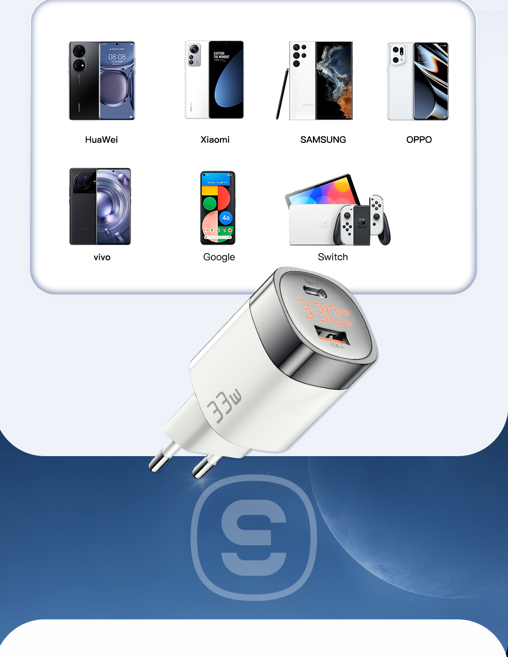 USB A Type C GaN Chargers Mini Fast Charging 33W With Cable EU Standard
