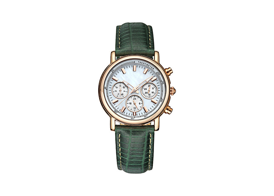 Leather Strap Stainless Steel Ladies Watch Quartz Movt IP Plating Case Color