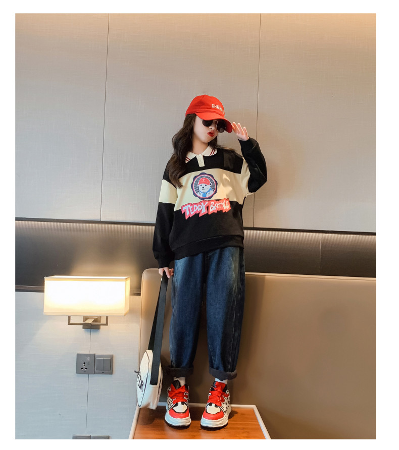 Girls' hoodie children's Spring and Autumn clothing color matching warm casual cartoon top for 4-16 years old children