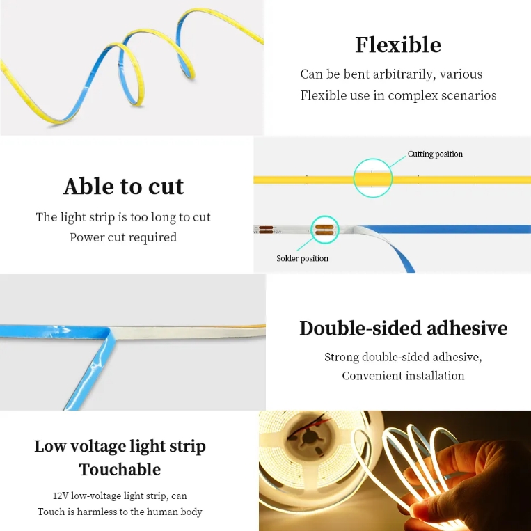 Long-lasting COB Led Strip Light with Dimmer 3mm Ultra Slim 400Leds/m White COB Tape 50000 Hours Ideal