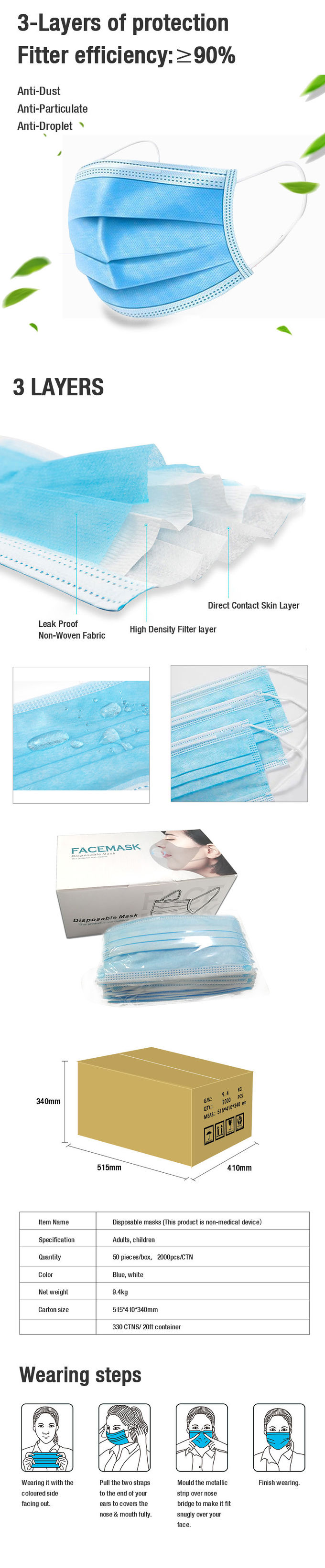 Anti Dust / Coronavirus 3 Ply Disposable Face Mask 90% Filter Efficiency Blue Color