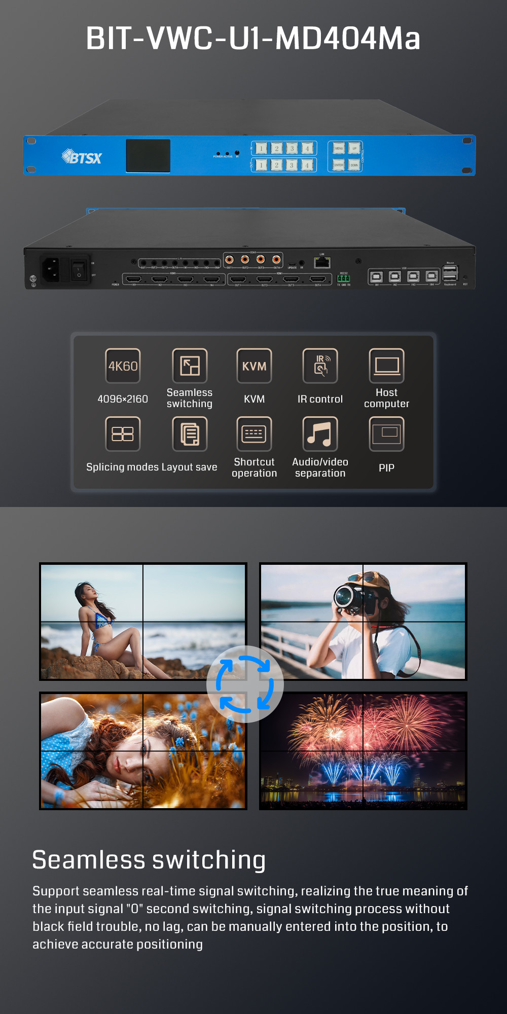 Seamless KVM Audio Video Matrix Video Wall Controller 4x4 2x2 1x4 4K60 HDMI PIP Editable with 4 HDMI 2.0 Input