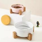 Matted Ceramic Pet Feeders With Wooden Stand For Dogs Cats
