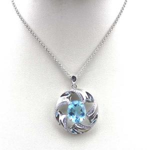 Quality Women Jewelry 925 Silver 8mmx10mm Oval Blue Topaz Cubic Zirconia Charm Pendant Necklace (P15) wholesale