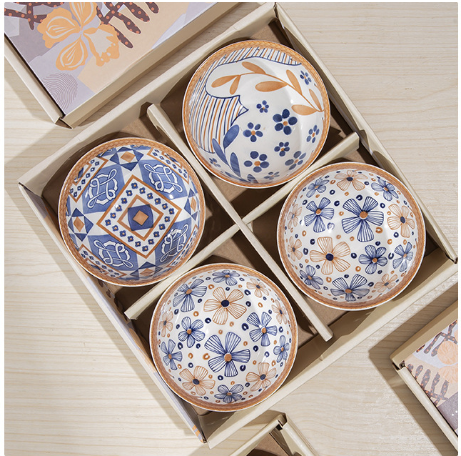 Exquisite Bohemian Design Ceramic Bowl Set of 4 in Gift Box with Plate and Chopsticks