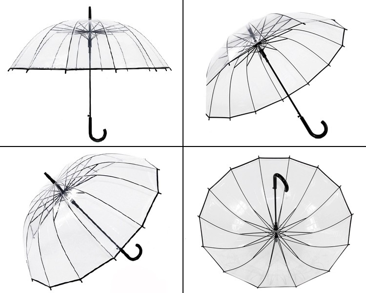 Unisex Long Handle Transparent Rain Umbrella 16K POE Full Black Metal Frame