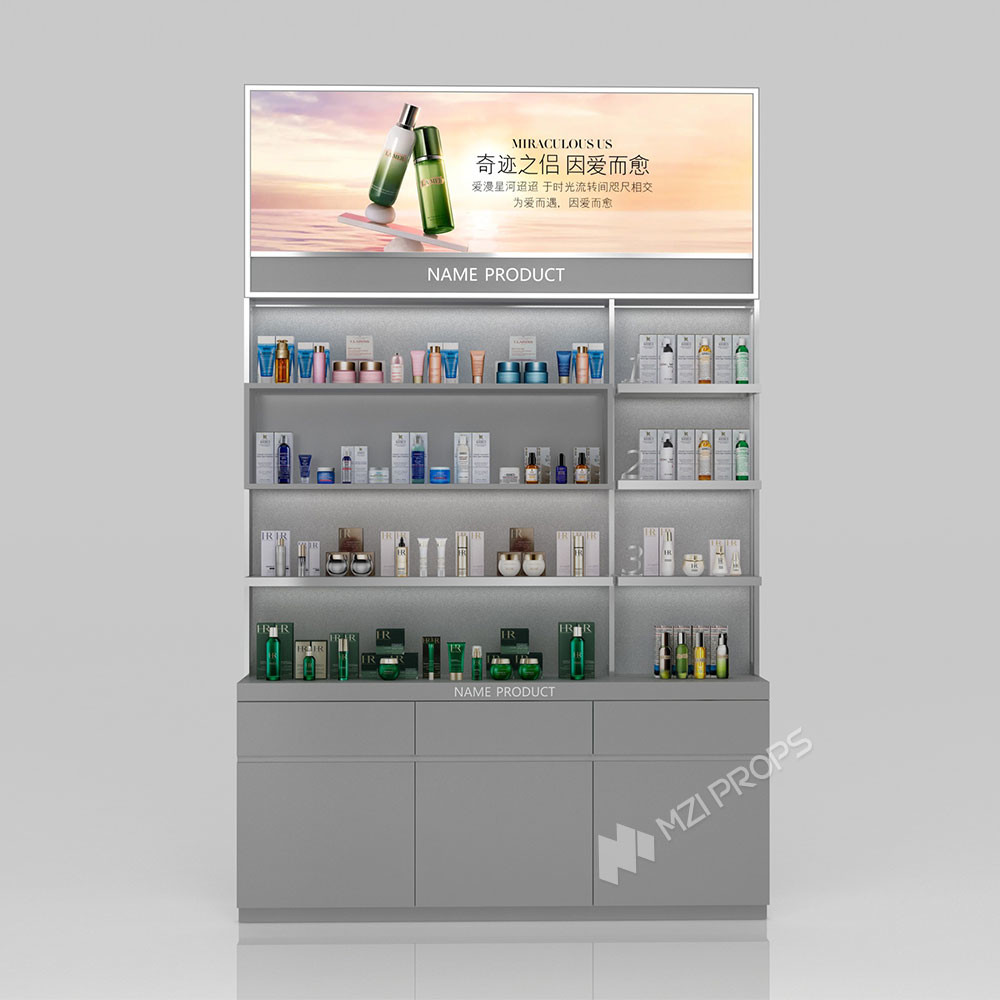 GDR02-BG01 Skincare Display Cabinet with LED Strip Lights and White Glass for Department Stores