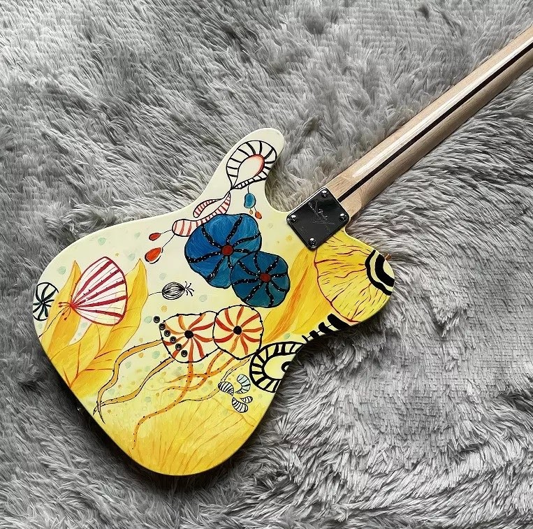 Custom Fender Style TLEE Electric Guitar Yellow Color Lotus Maple Fretboard Fixed Bridge