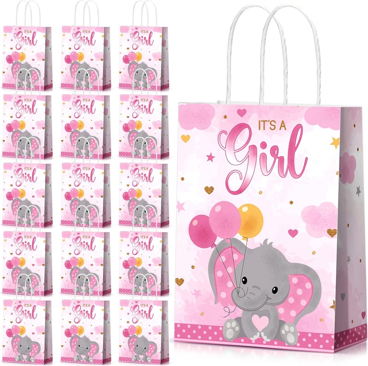 Custom Colorful Cartoon Animal Child Toy Pink Girl Kraft Paper Bag for Baby Shower