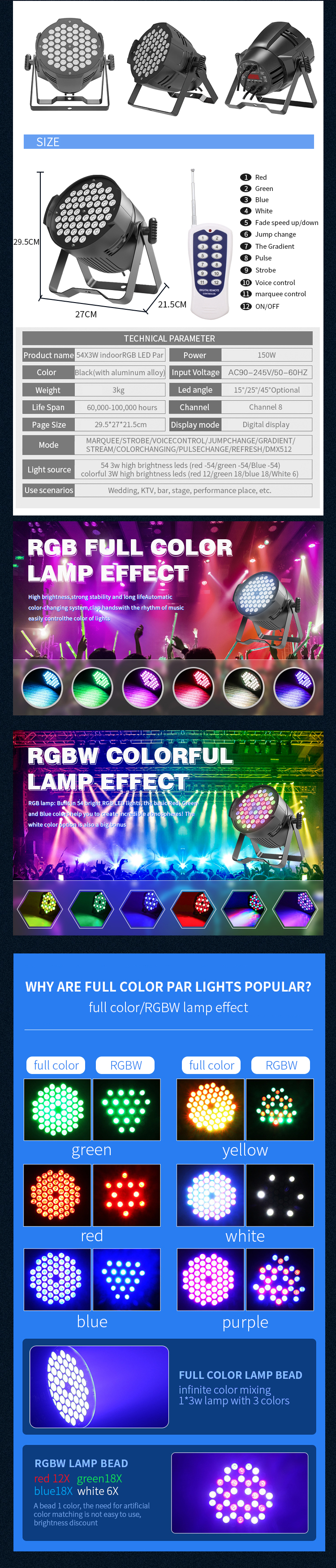 Lights Stage Light Par Light For Disco Bar Party Birthday Wedding 54x3w RGBW DMX512 Dj