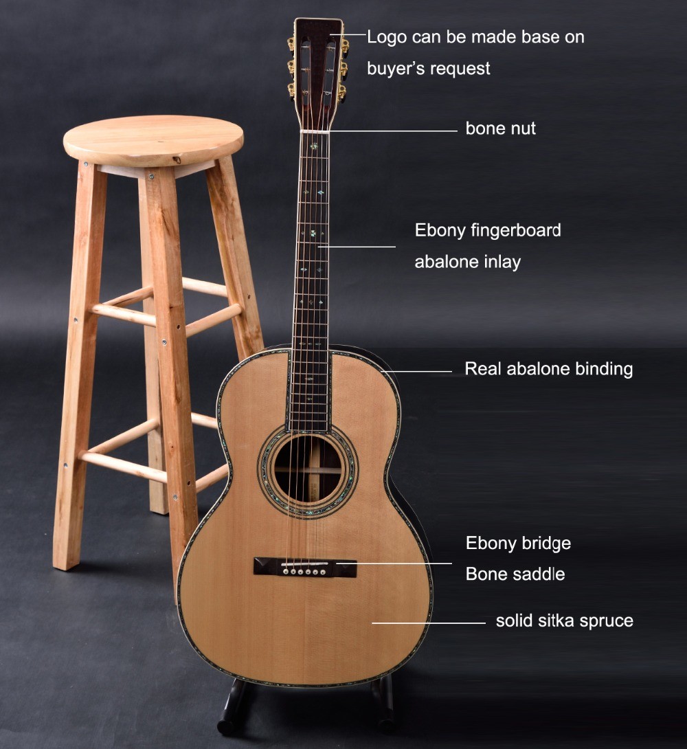OEM custom acoustic guitar OOO body shape Guitar solid Spruce top real abalone binding and ebony fingerboard