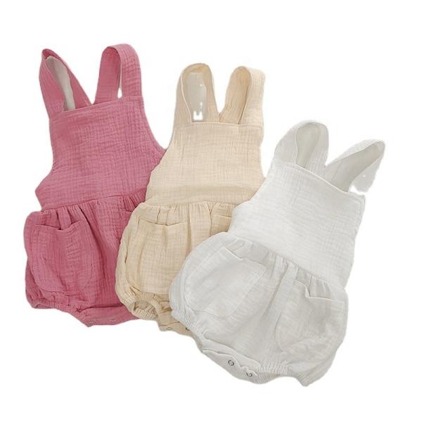 Summer Cotton Muslin Baby Clothes Sleeveless Romper Strap Pants With Pocket