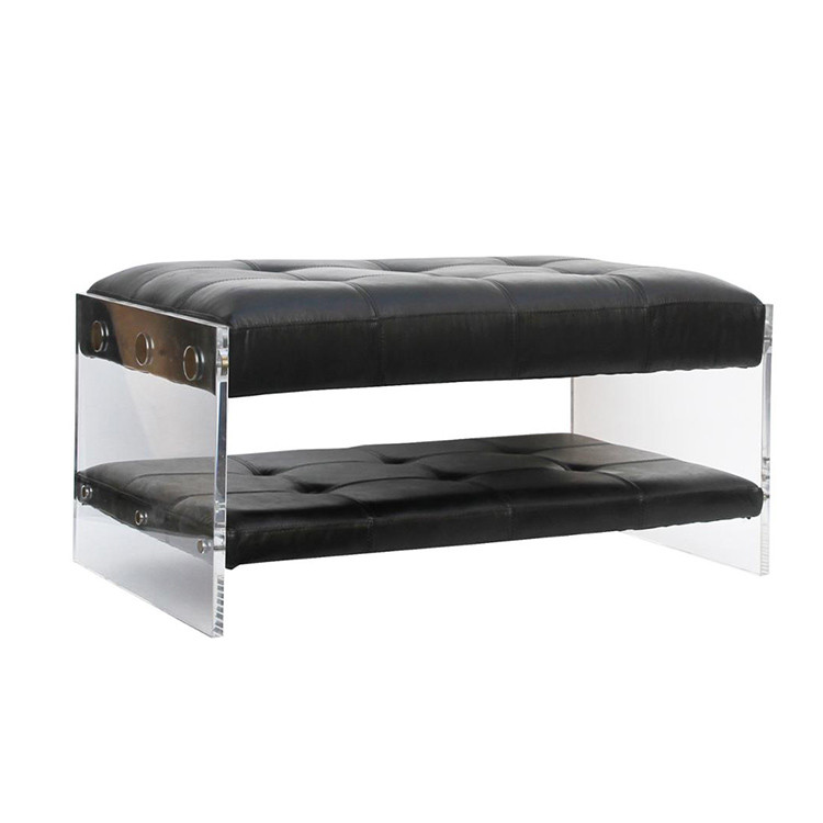 Antique Ottoman Footstool L101cm Black Leather Bench With Acrylic Legs
