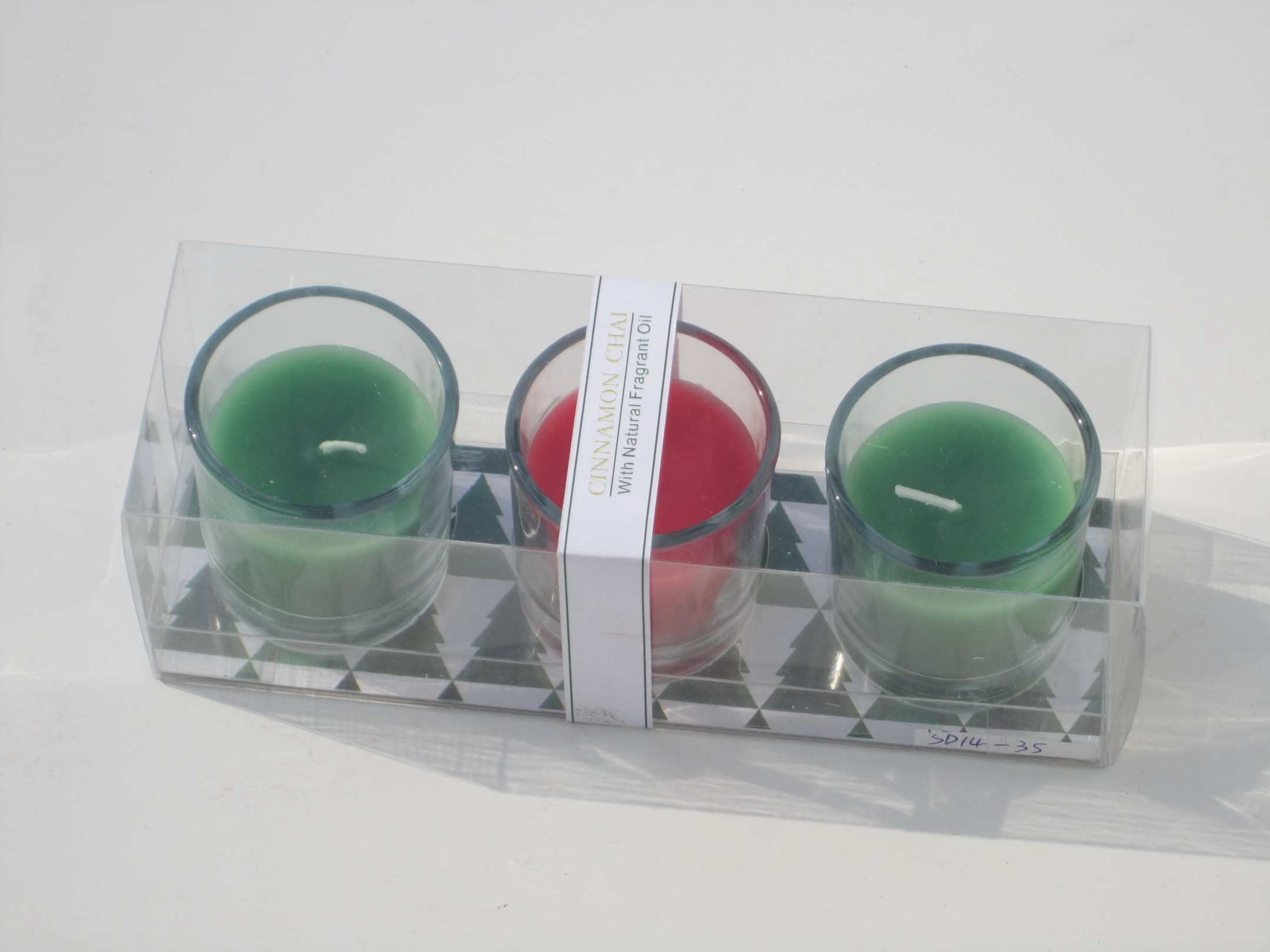 3pk Red & Green scented & assorted glass candle with printed label and packed into clear box