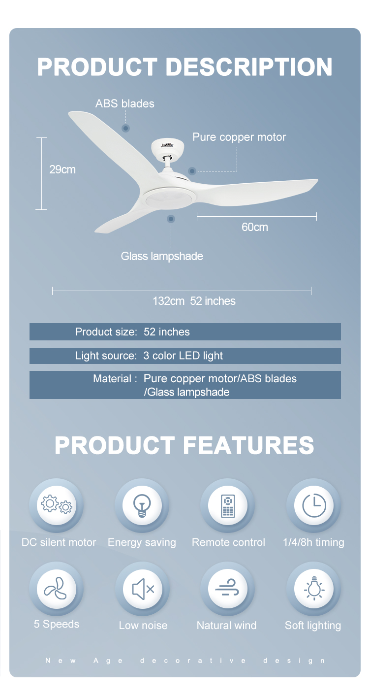 DC Motor 52 Inch ABS Blade Ceiling Fan with LED Light and Energy Saving Function
