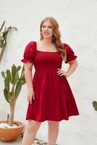 Quality Large Size Women′s Large Size Solid Color Leisure Holiday Dress Travel Square Collar Play Wrap Bubble Sleeve Dress wholesale