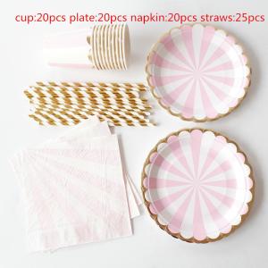 Quality Baby Pink Striped Afternoon Tea 18th 30th 40th Birthday Disposable Party Tableware wholesale