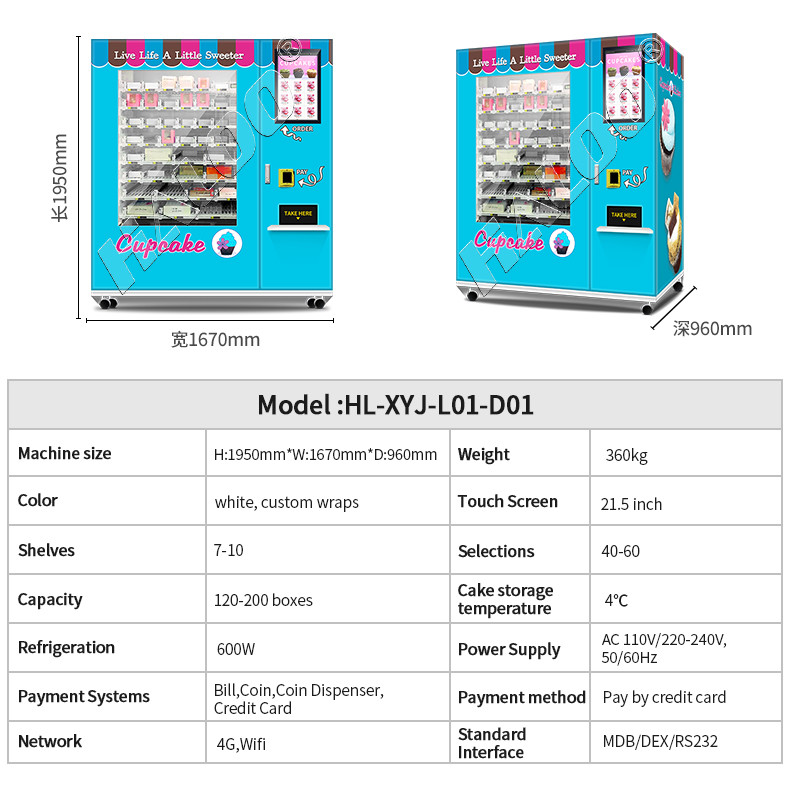 Lift System Refrigerator Automatic Cupcake Vending Machine Salad Fresh Food Vending Machine With 21.5inch Touch Screen