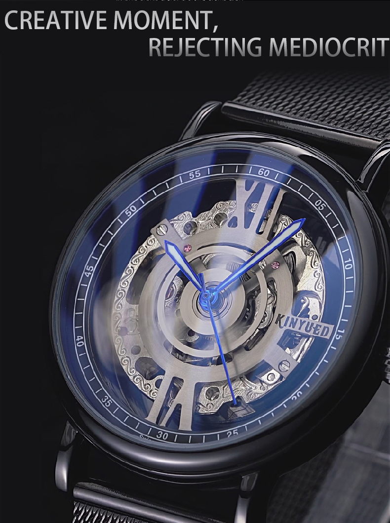 KINYUED J069 skeleton luxury leather waterproof quartz oem brand hands wristwatches custom logo wrist mens watch montre