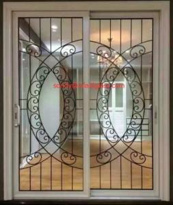 Quality Wrought iron glass panel with 12*12 black steel bar in sliding door wholesale