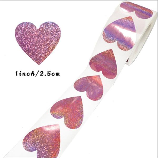 Laser Heart Pink Holographic Sticker Glitter Sealing Labels 500pcs/Roll For Gift