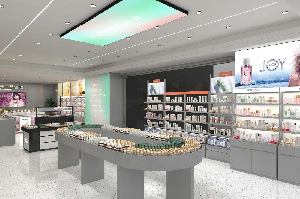 GDR02-BG01 Skincare Display Cabinet with LED Strip Lights and White Glass for Department Stores