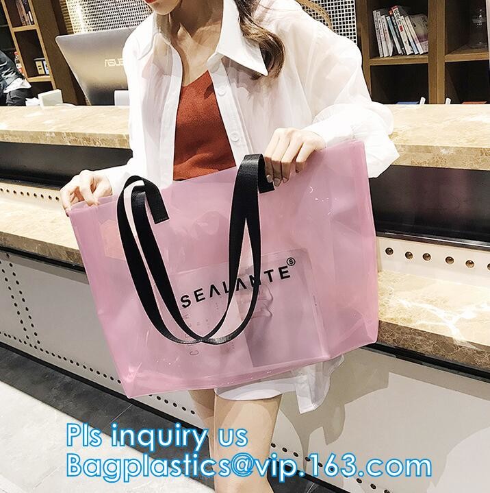 Semi-clear Tote Bags Stripe PVC Shoulder Bag with Pouch, PVC PU Trendy Handbag Shoulder Bag Beach Bag, PVC shoulder bag