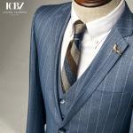Customized Logo Printing Blue Striped Woven Men's Suit for Trendy Grooms at
