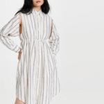 Ladies Collared Neck Dresses Long Sleeve Side Pocket Cotton Striped Print Shirt
