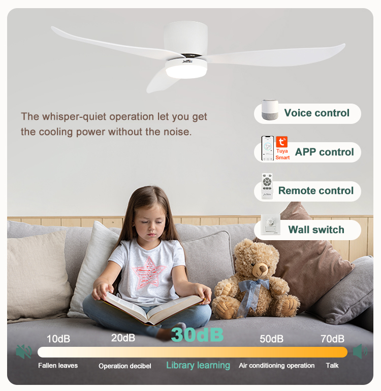 52" LED Ceiling Fan with Time Setting and Smart Control ABS Blades Flush Mounted