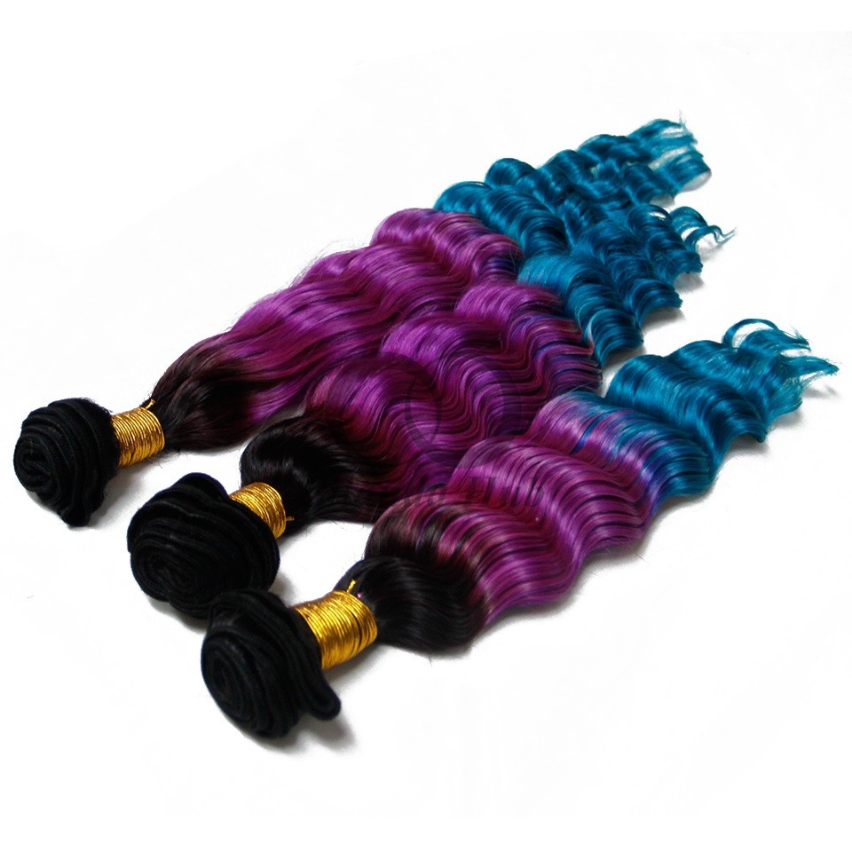 #T1B/Purple/Blue Deep Wave Remy Human Hair Bundles Sew In Weave Bundles Brazilian Bundle Deals