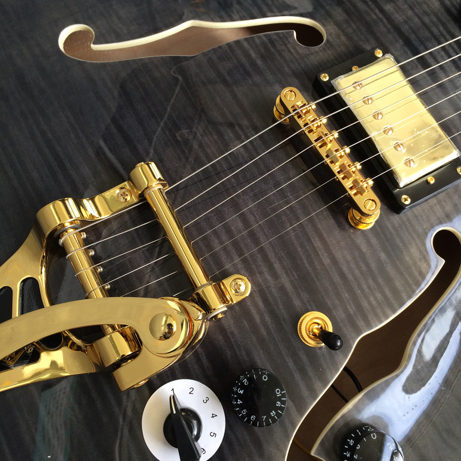 Hollow body jazz electric guitar,Guitar Quilted Maple Trans-gray burst color,Ebony Fingerboard