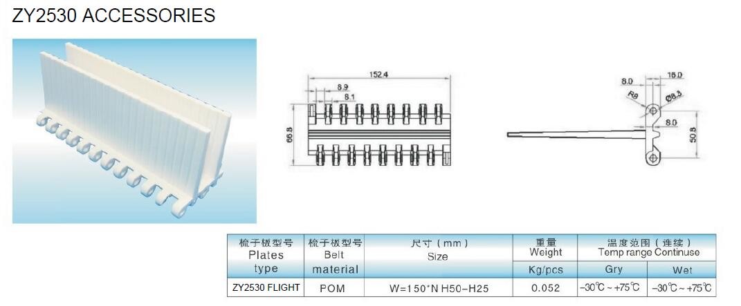 ZY2530FT flattop conveyor belts food grade slat top conveyor chains Intralox Series 1600