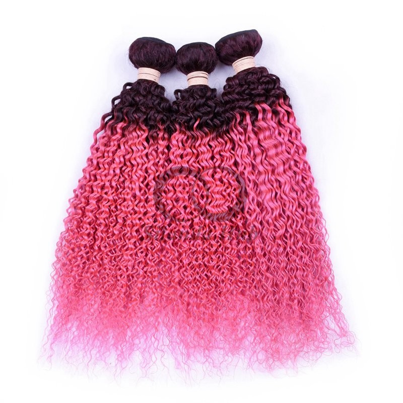 #T1B/Pink Kinky Curly Remy Human Hair Bundles Sew In Weave Bundles Brazilian Bundle Deals