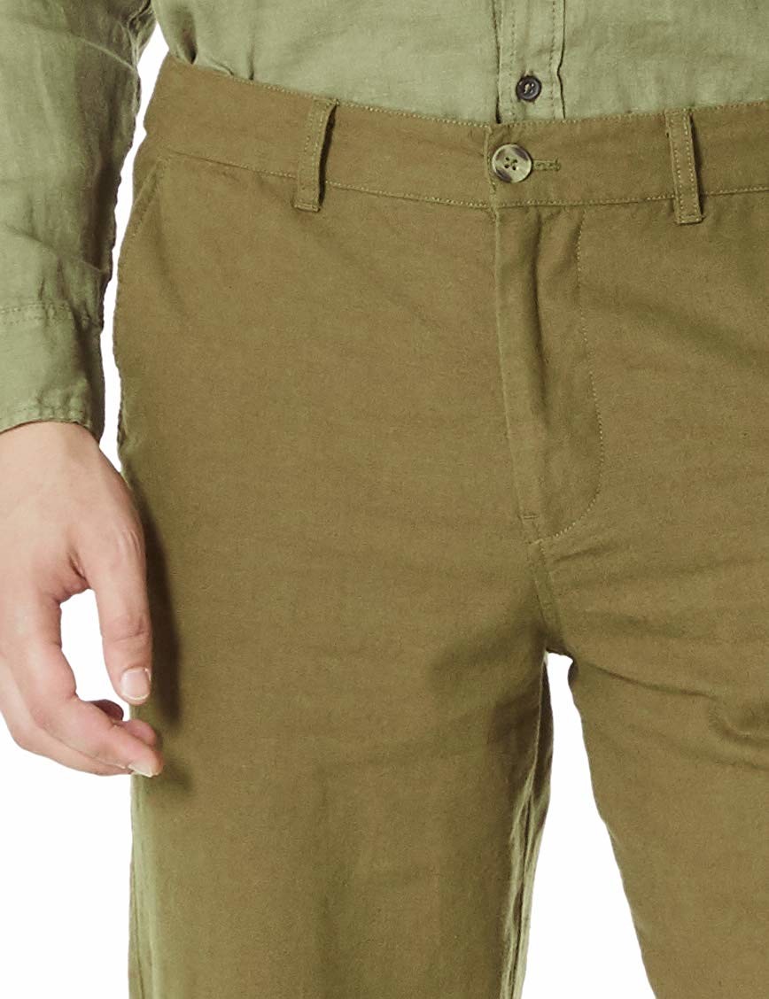 Slim Fit Cropped Mid Waist Mens Casual Linen Pants Size 32 34 36 Olive Green