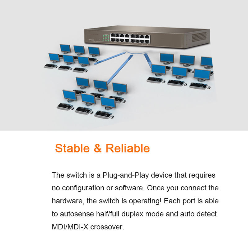 Customized TEF1016D 16-Port Fast Ethernet Desktop Rackmount Switch Full-Duplex Communication and Seamless Networking