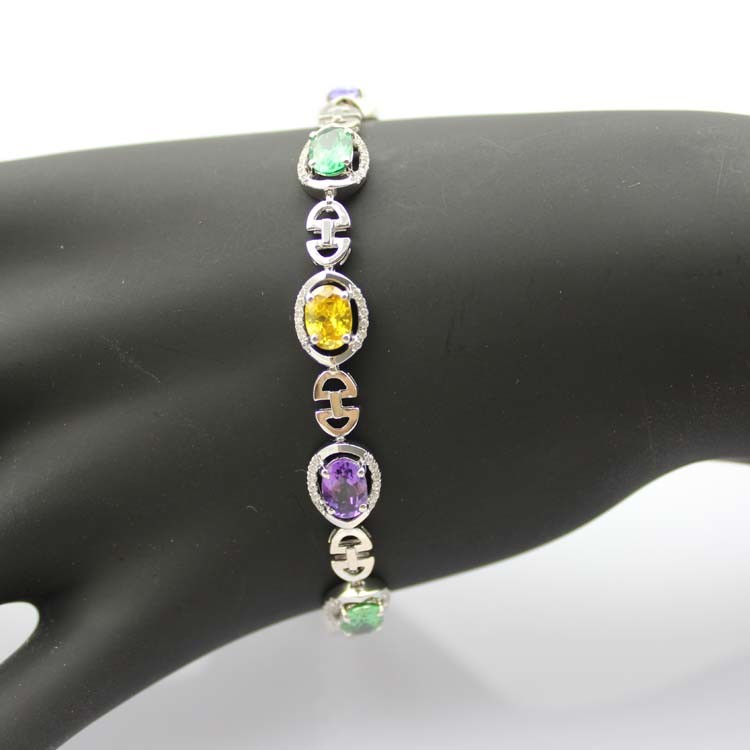 925 Sterling Silver Multicoloured Cubic Zircon Link Tennis Bracelet (H14)