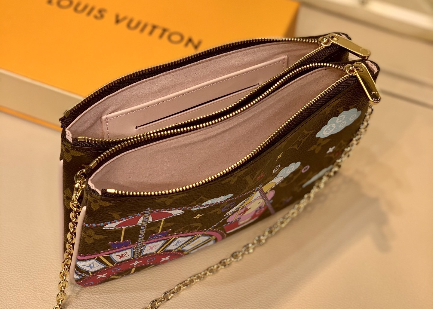 M63905 Silk-Screen Pochette Double Zip Luxury Chain Bag Genunie Leather And Carvas Luxury Chain Bag Small Cross-Body Bag