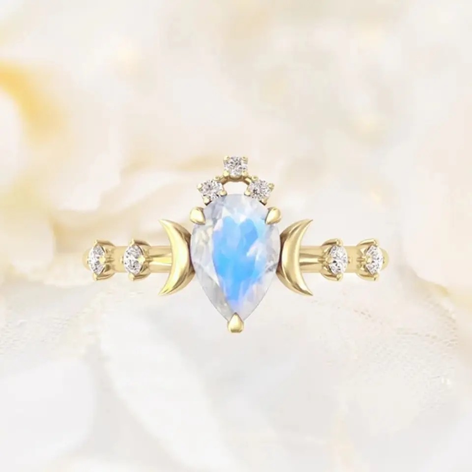 Natural Moonstone Gemstones 925 Silver Anniversary Jewelry Rings Genuine Pear Cut