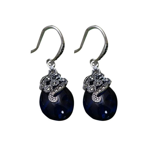 Women Retro Sterling 925 Silver Synthetic Sapphire Marcasite Drop Earrings