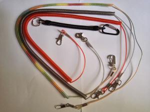 Quality Colorful long safety tether lanyard coil with carabiner ring loop&amp;metal crimp leashes wholesale