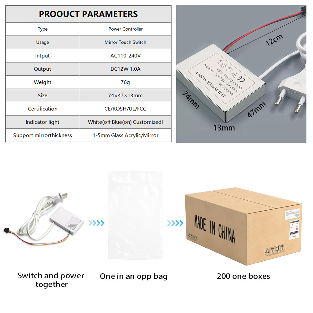 60W 12V Defogger with One Key One Color Selected LED Dimmer Mirror Touch Sensor Switch