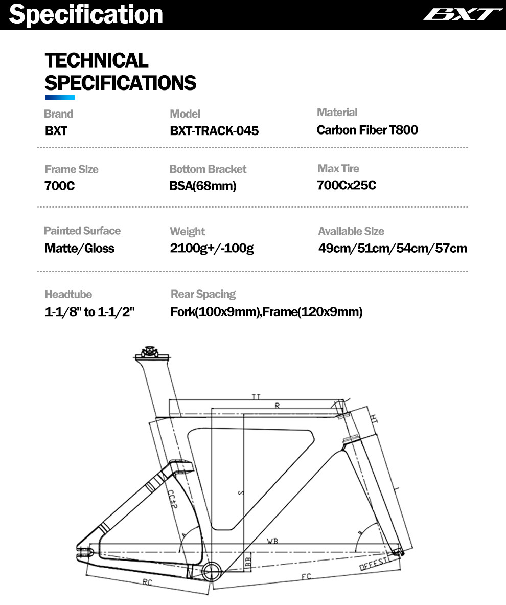 700C Fixed Gear Carbon Track Bike Frame With Fork Max 25C Tire
