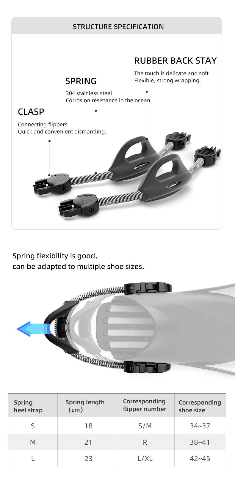 Black Stainless Steel Swim Bungee Strap Scuba Fin Straps for Snorkeling Diving