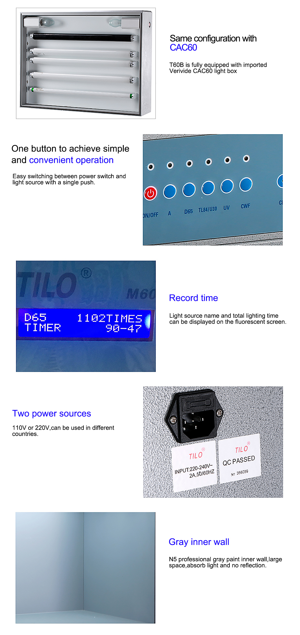 Tilo Manufacturer of P60 light box fabric garment textile color testing instrument with D65,TL84,CWF,U30/TL83,UV,F/A