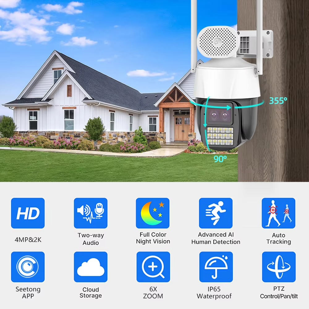 Smart AI HD 4MP 360 Ptz Camera 4G Smart AI HD 1080P 360 Ptz Camera Dual Lens Night Vision CCTV 4G PTZ Camera