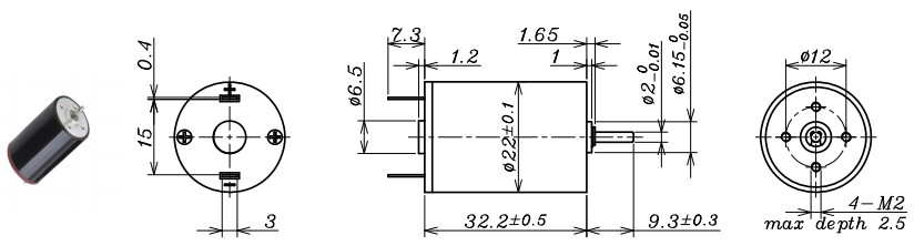 22mm Diameter Coreless Brushed Dc Motor , 6 Volt Dc Motor Low Rpm 7500mA