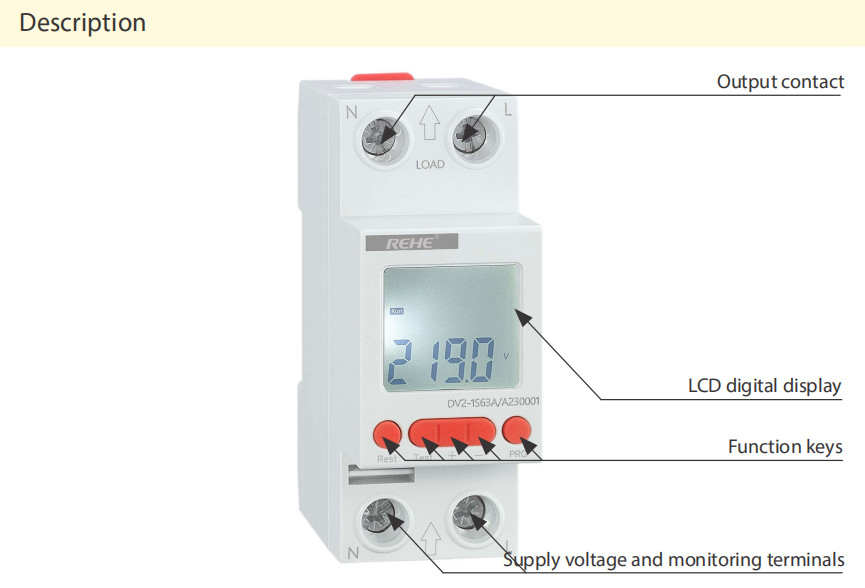 DV2-1S63A Din Rail Single Phase LCD Under Voltage Over Voltage Auto Reset Relay