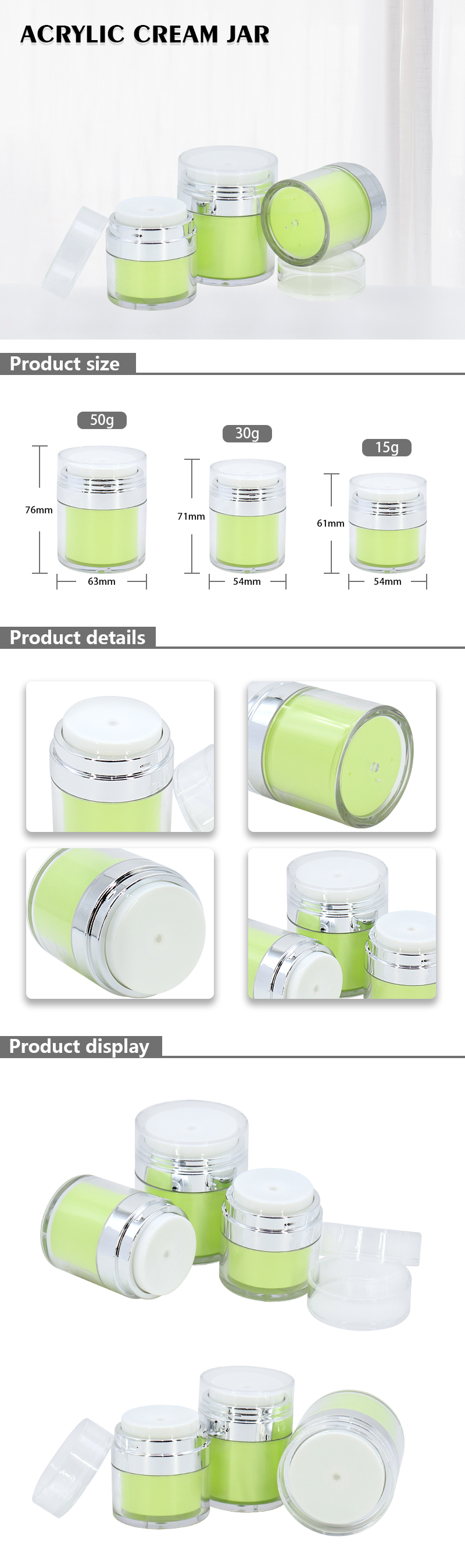50g Acrylic Face Cream Container Cosmetic Airless Press Pump Jar Packaging