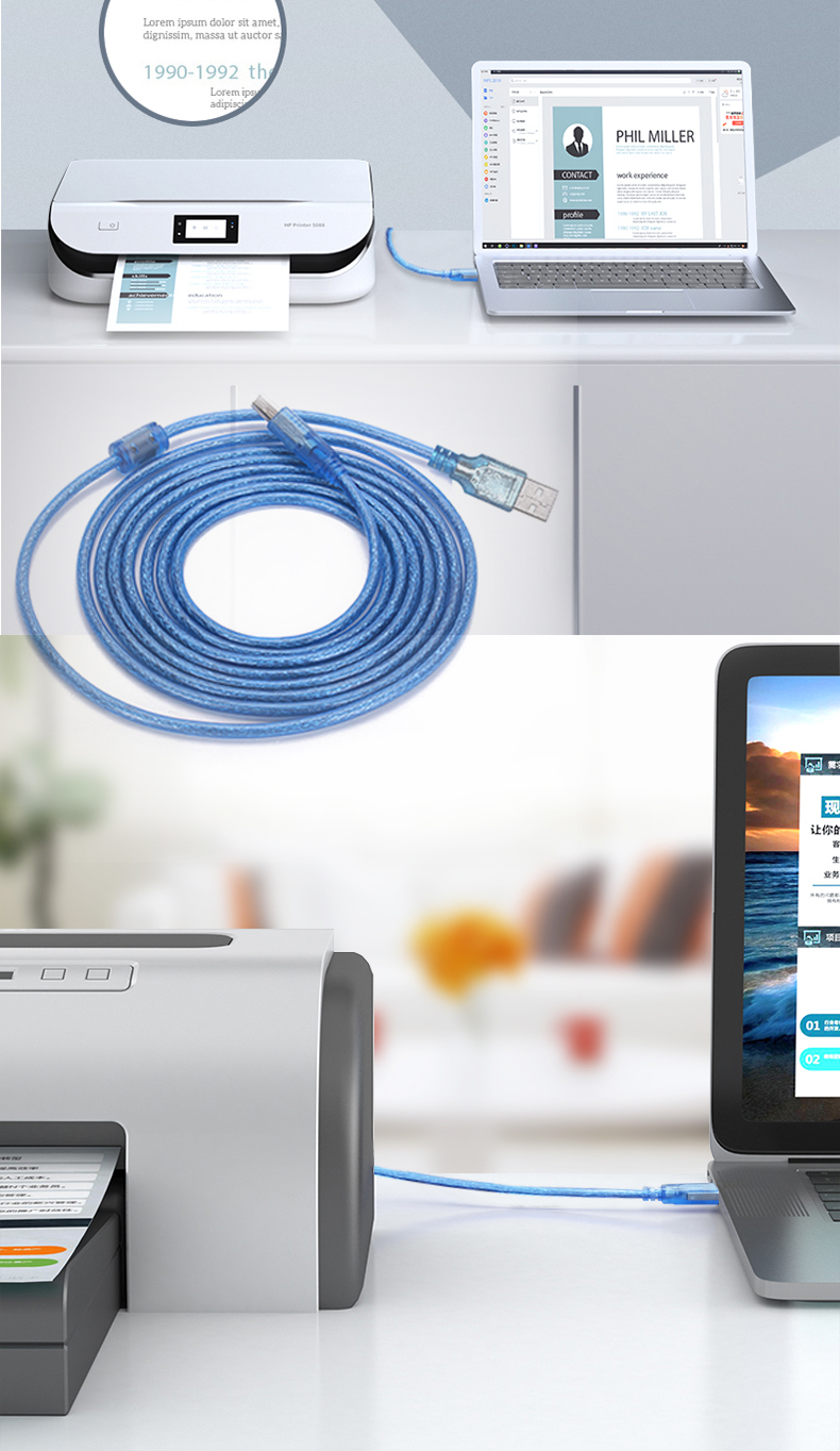 24AWG USB Printer Cable USB 2.0 Type A Male to B Male Extension Cable for Printer